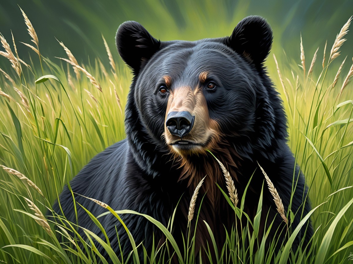 Black bear in a green meadow with tall grass
