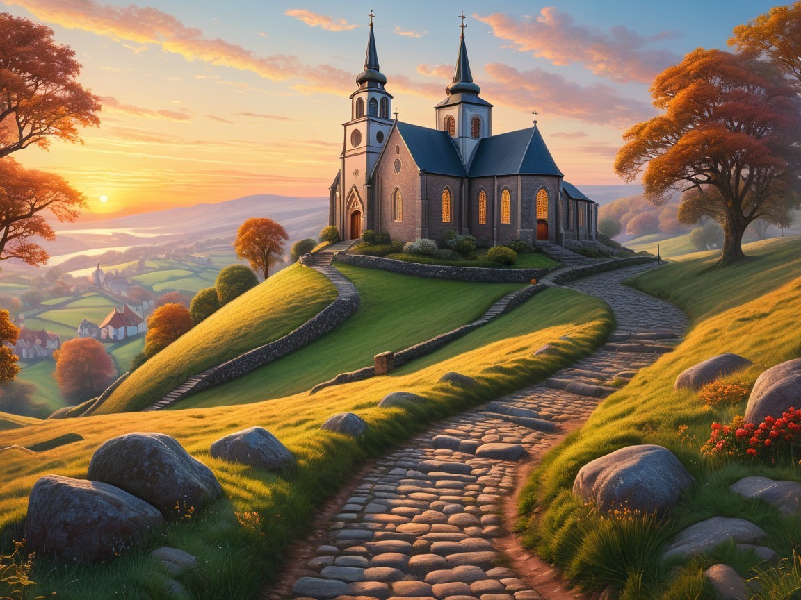 Church on a Hill Surrounded by Autumn Landscape