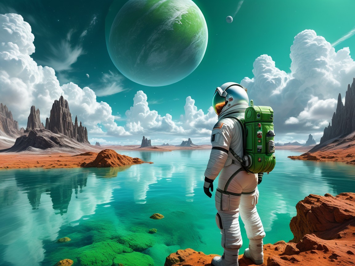 Astronaut on Alien Landscape with Turquoise Lake