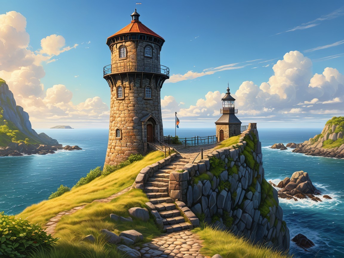 Lighthouse on Cliff with Ocean and Lush Greenery