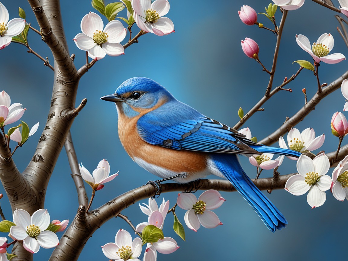 Bluebird on Blossom-Laden Branch in Springtime Scene