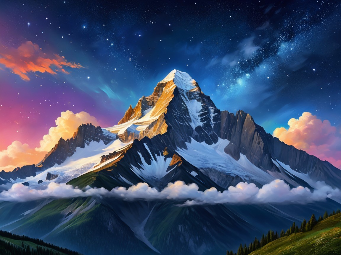 Snow-Capped Mountain Peak Under Starry Night Sky