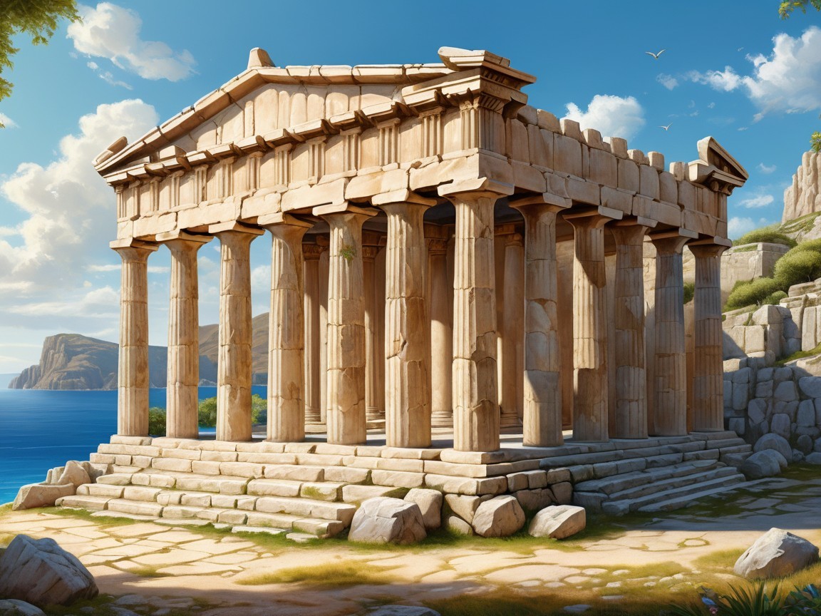 Ancient Temple on Rocky Shoreline with Towering Columns