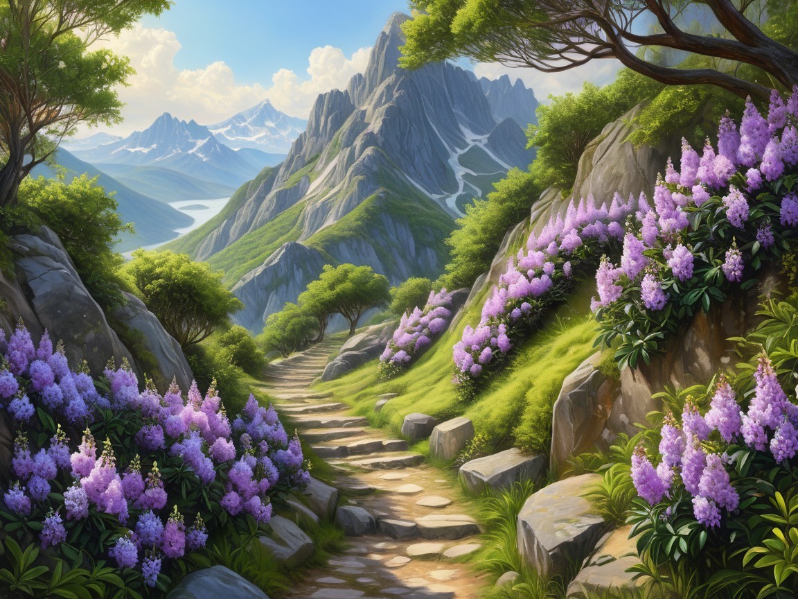 Mountain Landscape with Stone Path and Purple Flowers