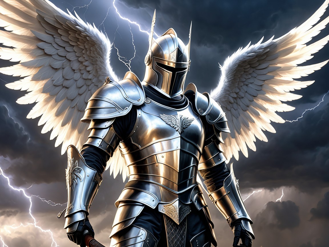 Armored knight with wings under stormy sky backdrop