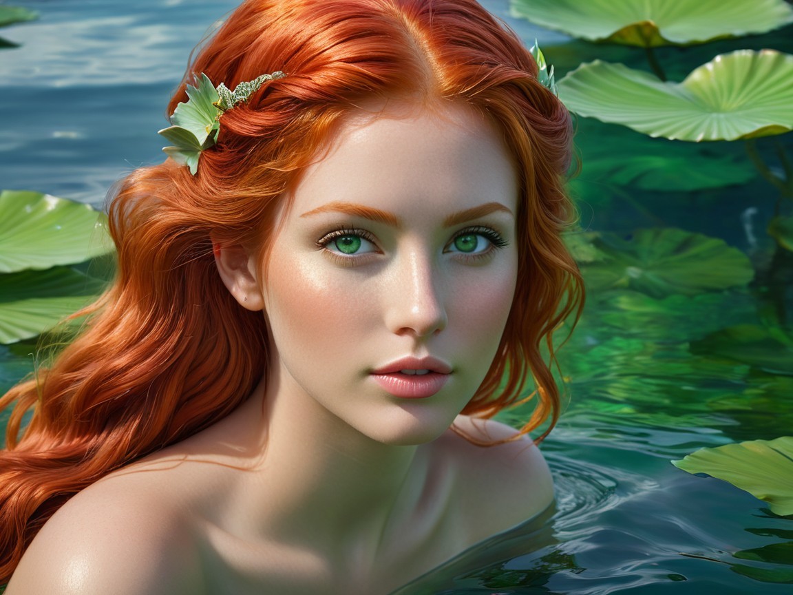 Young woman with red hair in serene water setting
