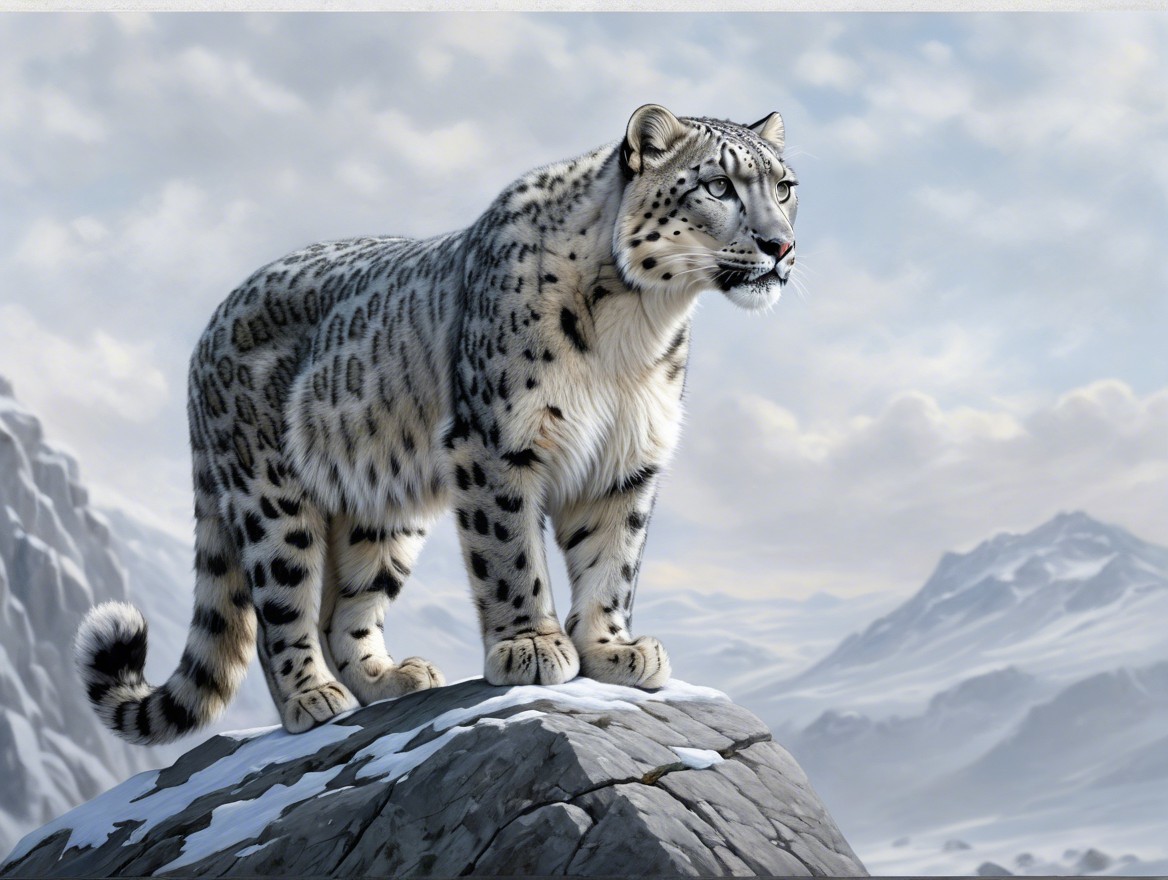 Snow Leopard on Rocky Outcrop in Mountain Landscape