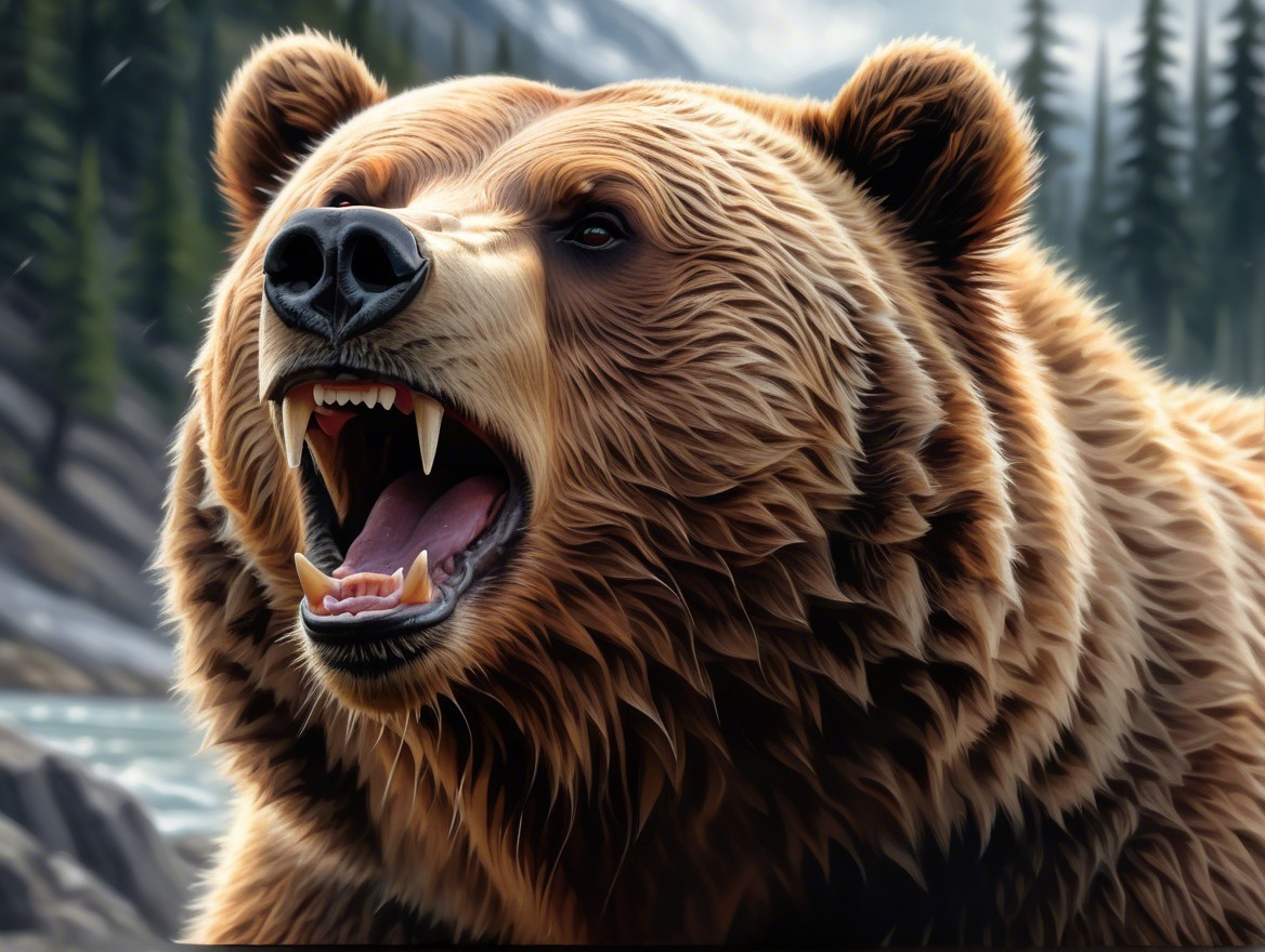 Brown Bear Roaring in Forest Landscape with River