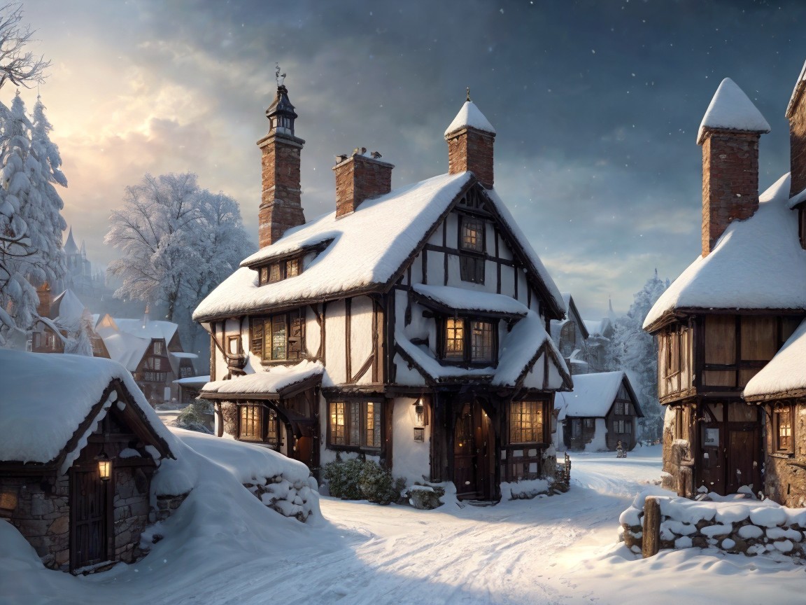 Snow-Covered Medieval Village at Sunrise