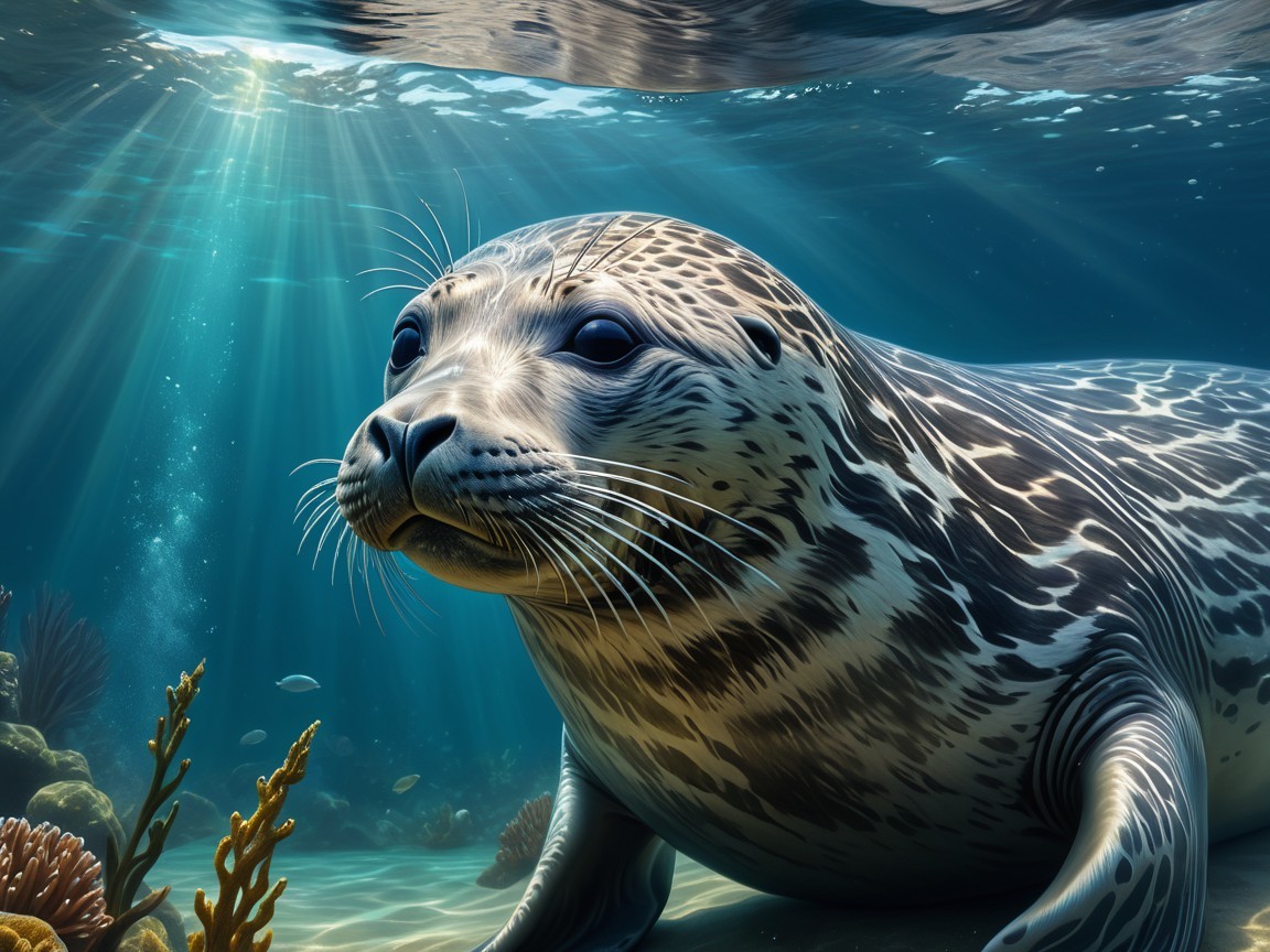 Underwater Scene with Seal and Colorful Marine Life
