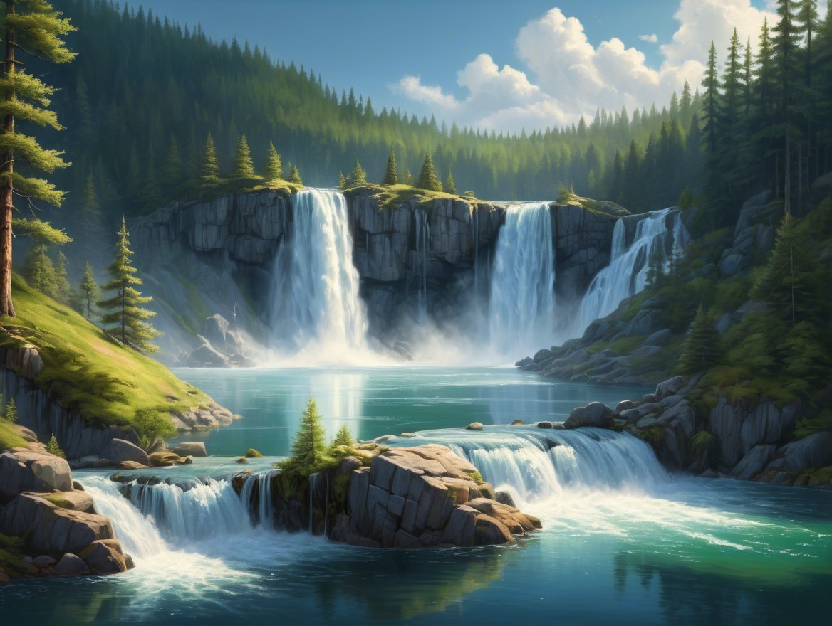 Majestic Waterfalls and Tranquil Turquoise Lake Landscape