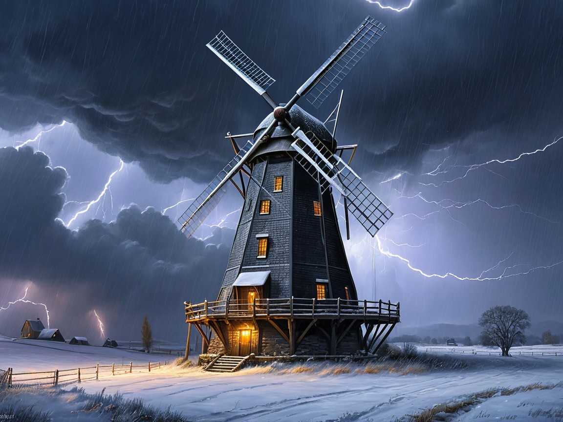 Windmill Against Stormy Sky with Lightning and Rain