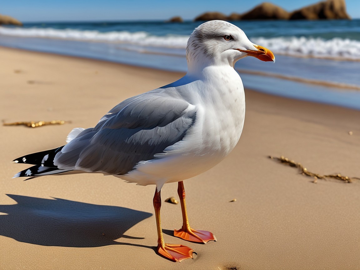 Seagull on Sandy Beach with Ocean Waves in Background