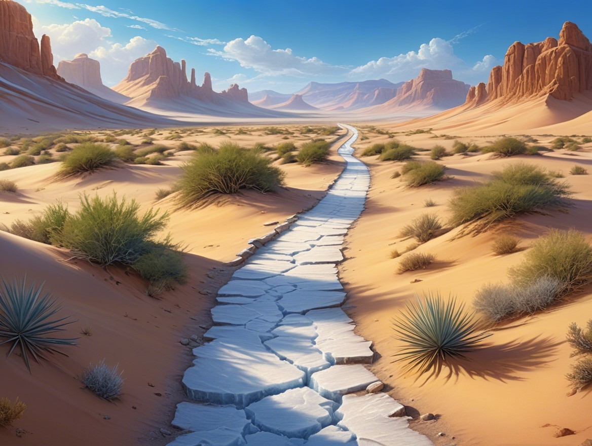 Desert Landscape with Red Rocks and Dry Riverbed