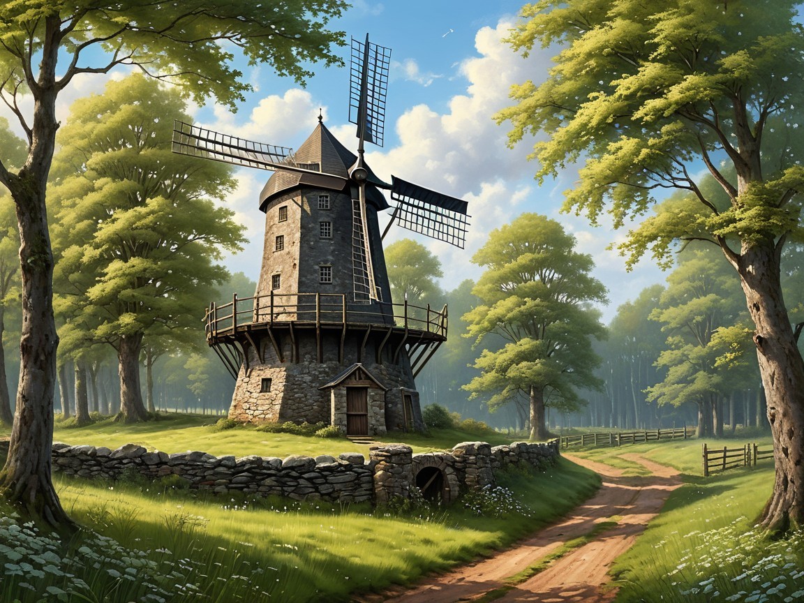 Picturesque Landscape with Classic Windmill and Nature