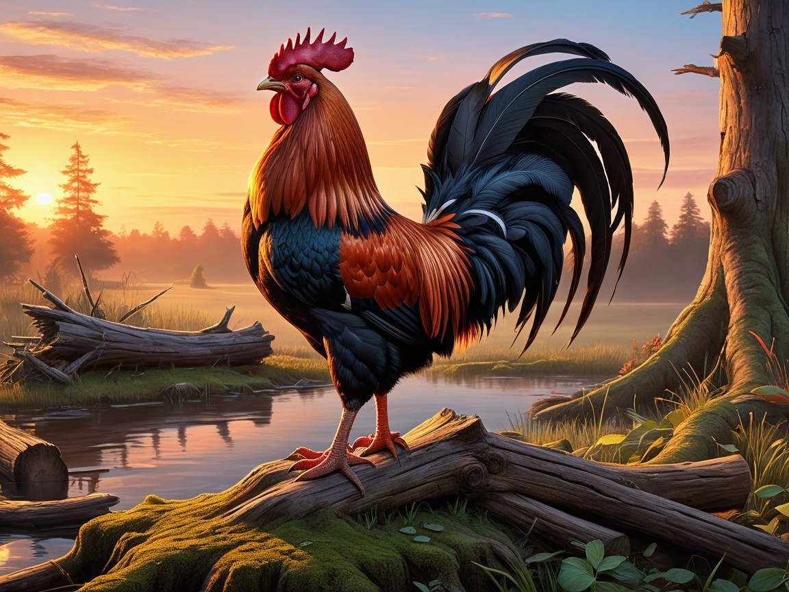 Majestic Rooster by Serene Water at Sunset