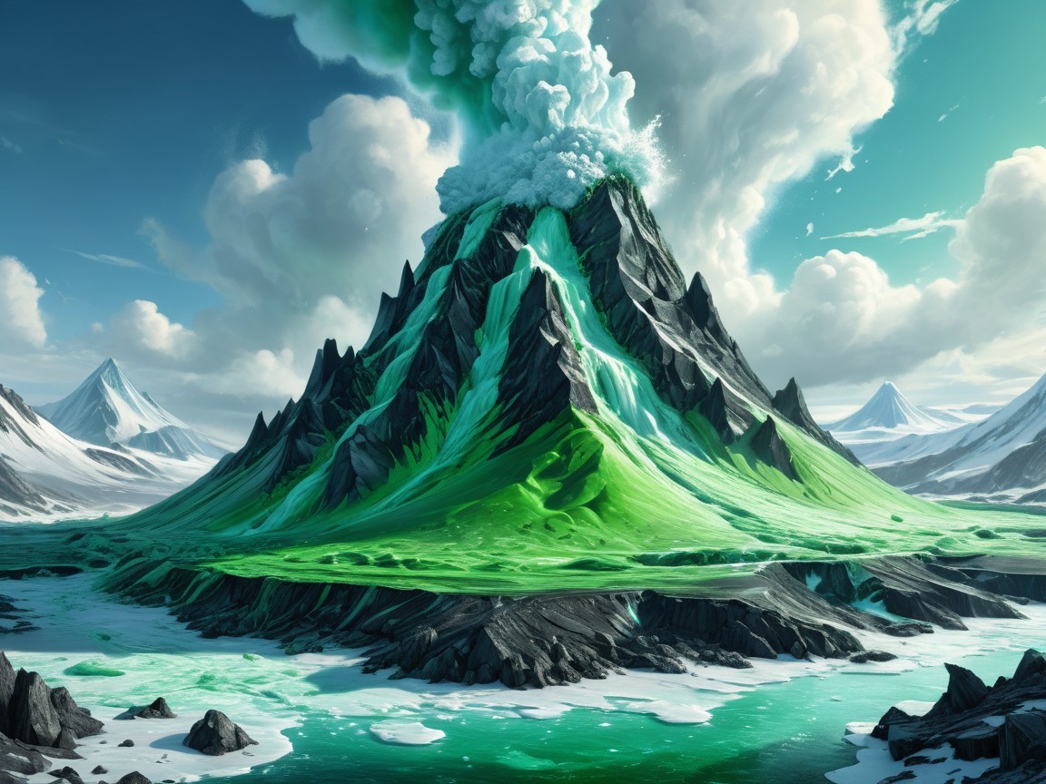 Majestic volcanic mountain with emerald slopes and water