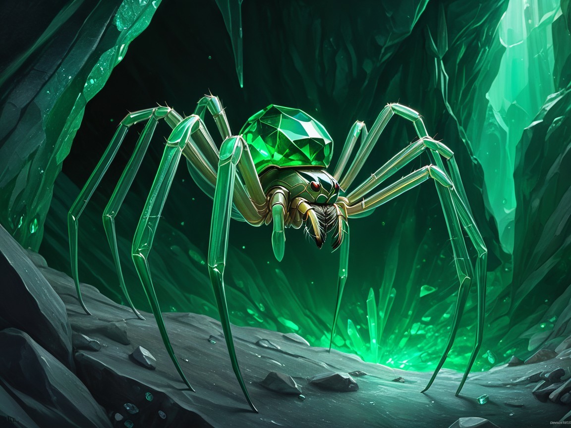 Emerald Spider in a Dark Cavern with Crystal Formations
