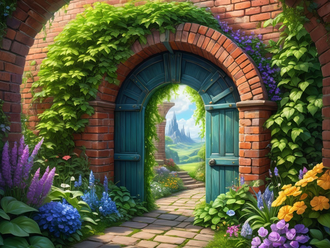 Charming Brick Archway with Vines and Scenic Pathway