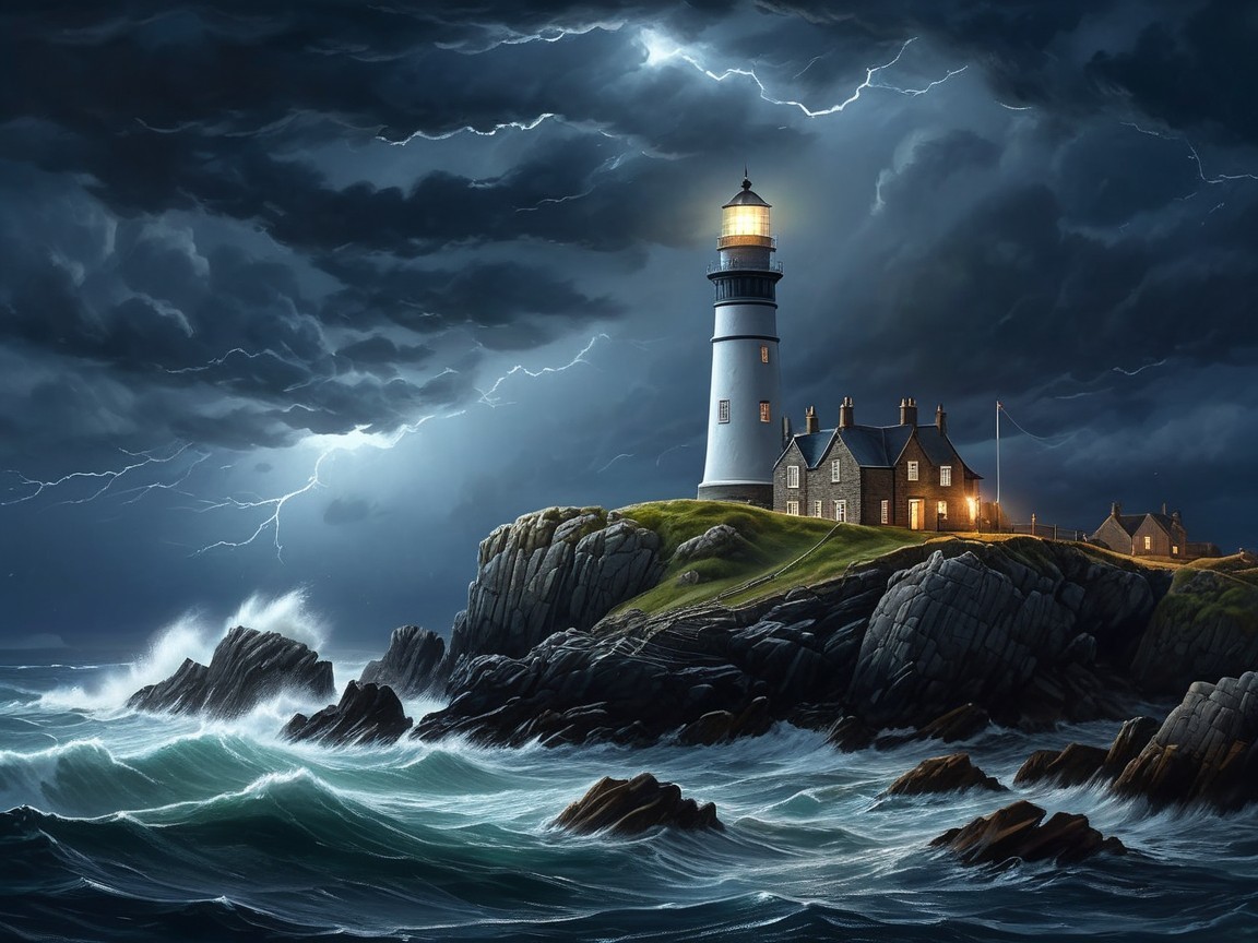 Lighthouse on Cliff Amidst Stormy Skies and Waves