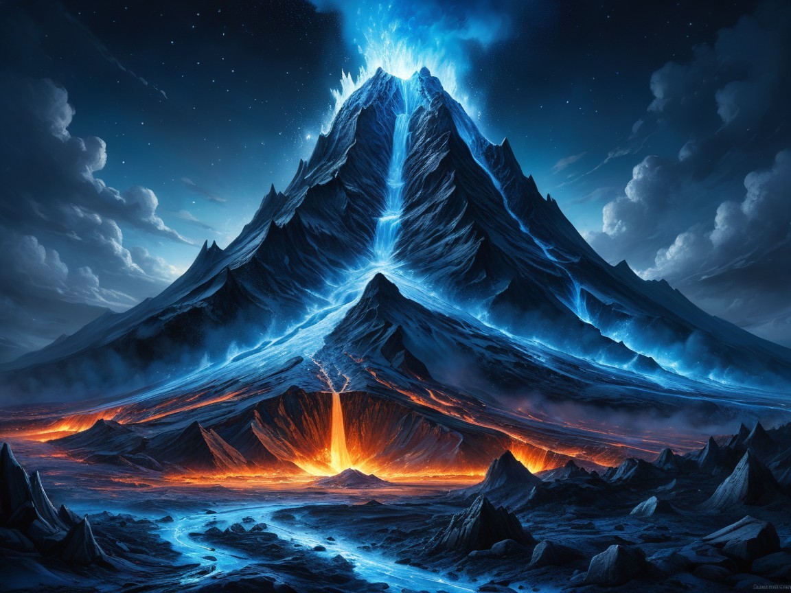 Jagged Mountain with Blue Peak and Lava Rivers