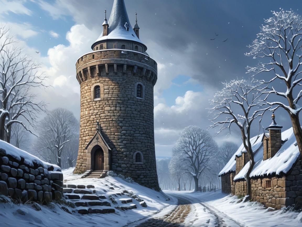 Tall stone tower in a winter landscape with snow