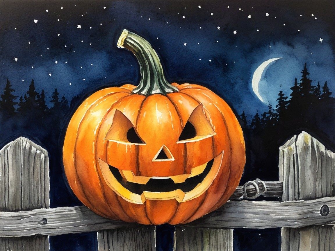 Vibrant Halloween Scene with Carved Pumpkin and Moon