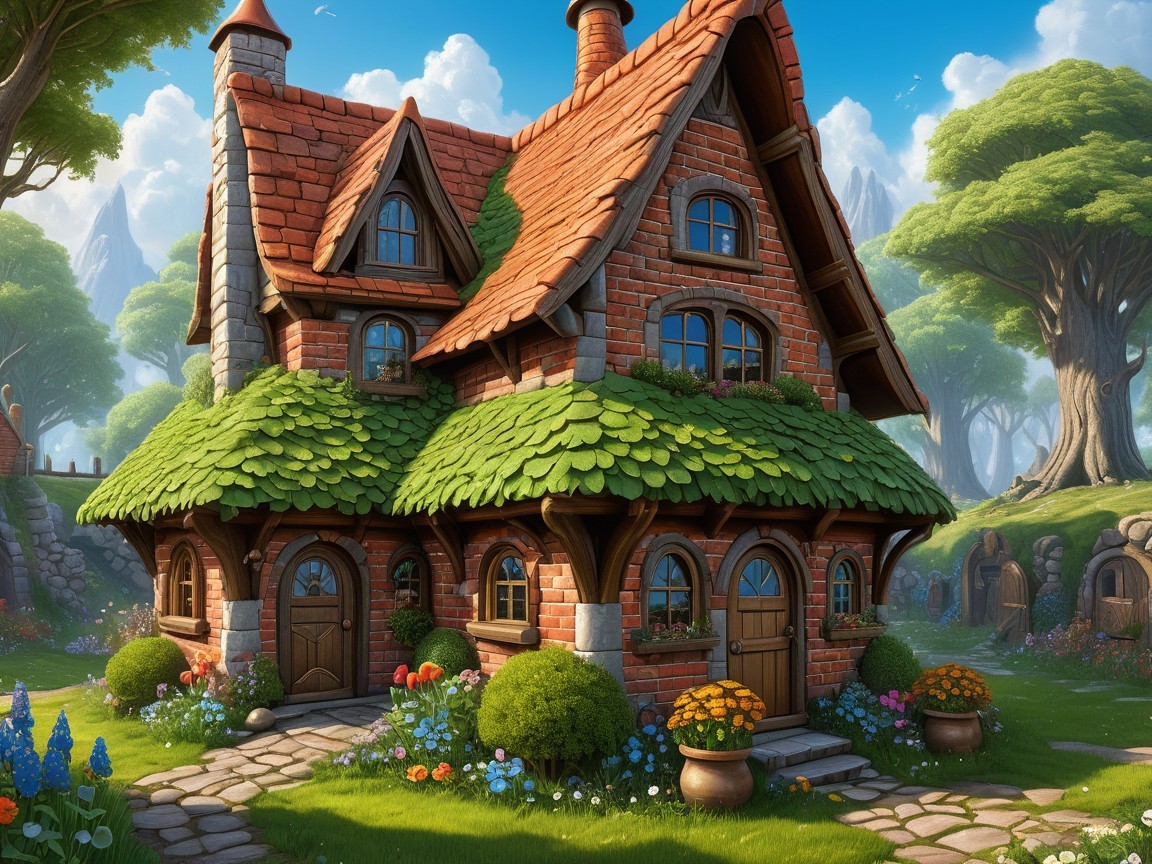 Whimsical Cottage with Red Bricks and Lush Gardens