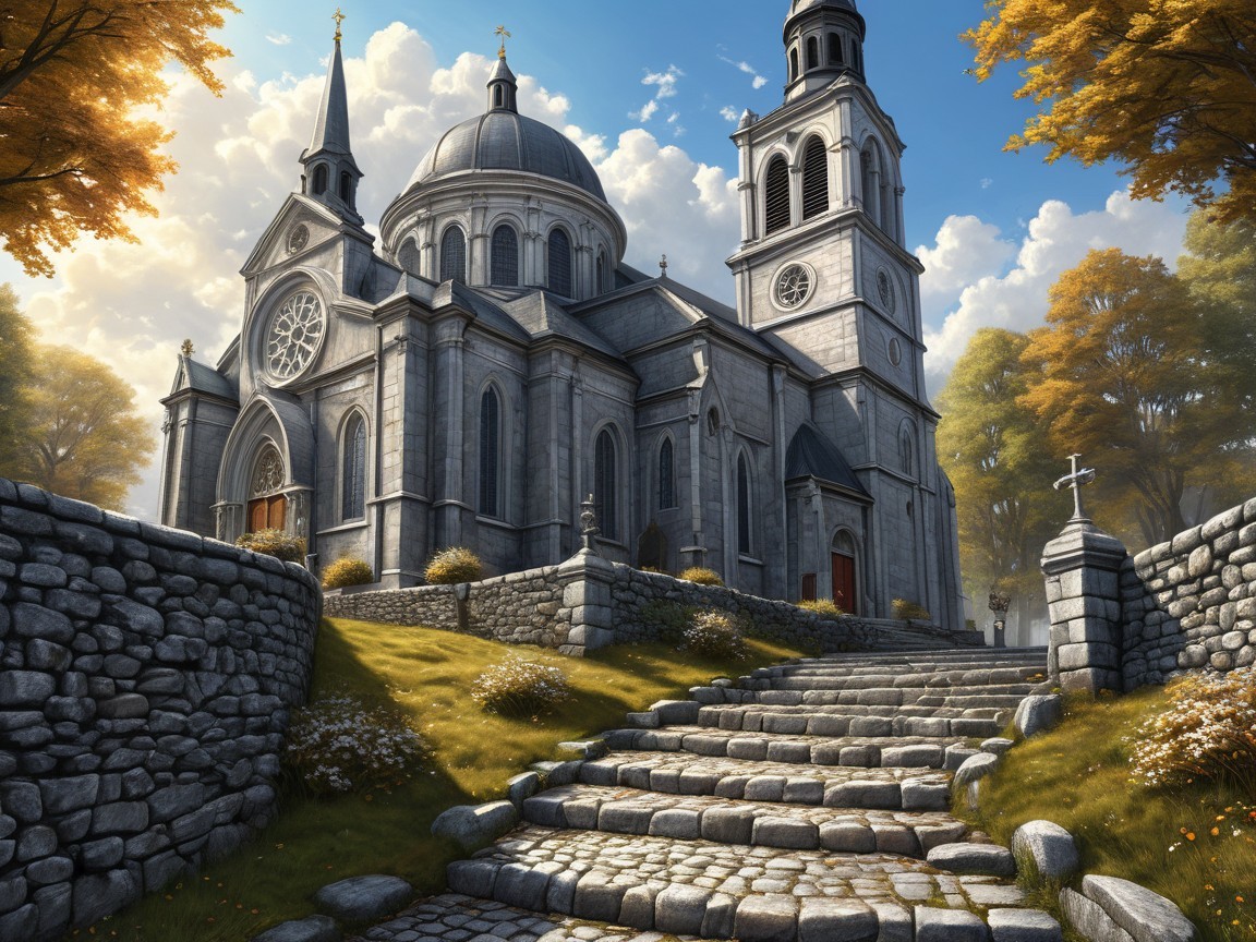 Stone Cathedral Surrounded by Autumn Trees and Sky