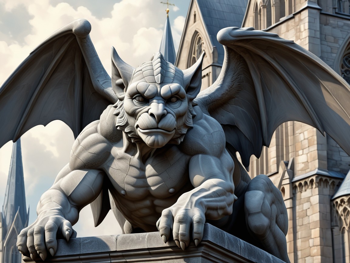 Stone Gargoyle on Medieval Building with Intricate Details