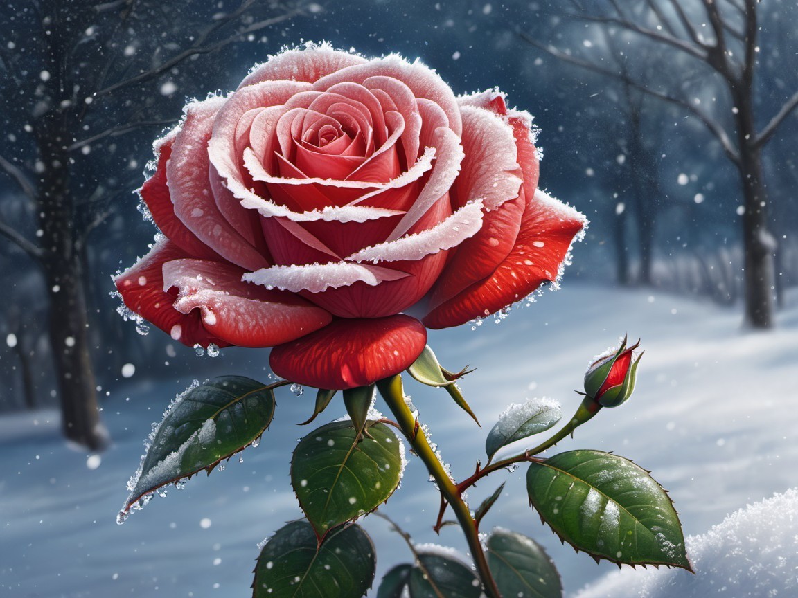 Red Rose in Snow with Frosty Petals and Budding Flower