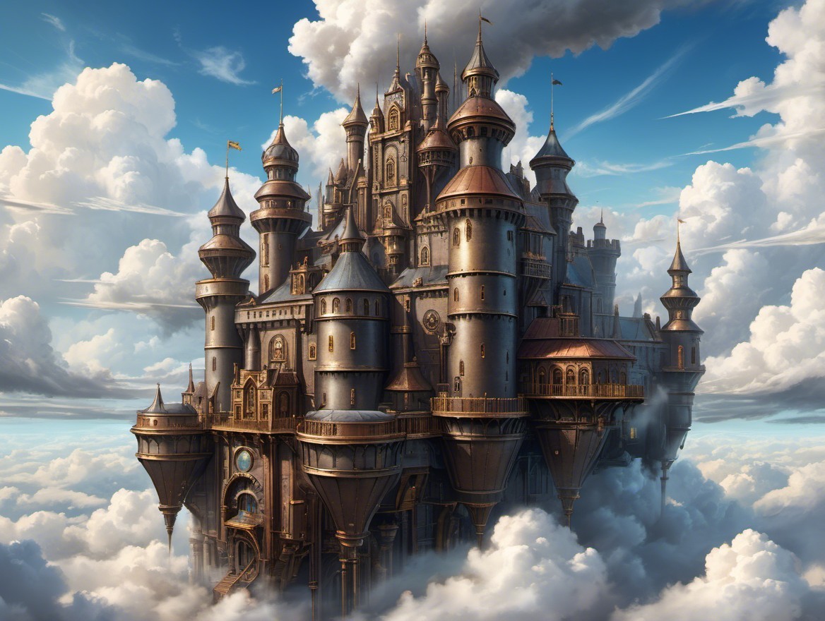Majestic Castle Above Fluffy Clouds with Spires and Towers