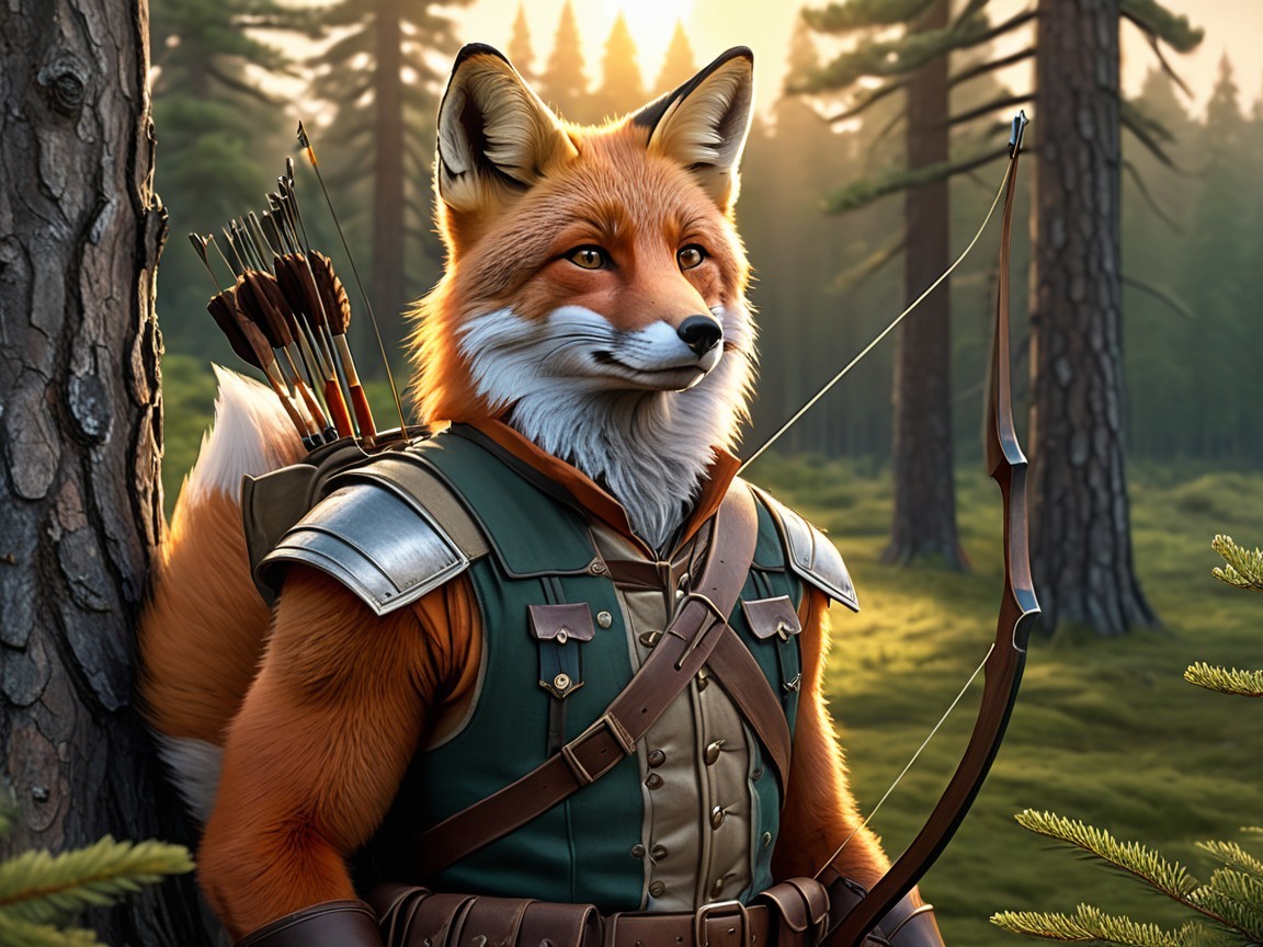 Anthropomorphic fox in medieval armor in forest setting