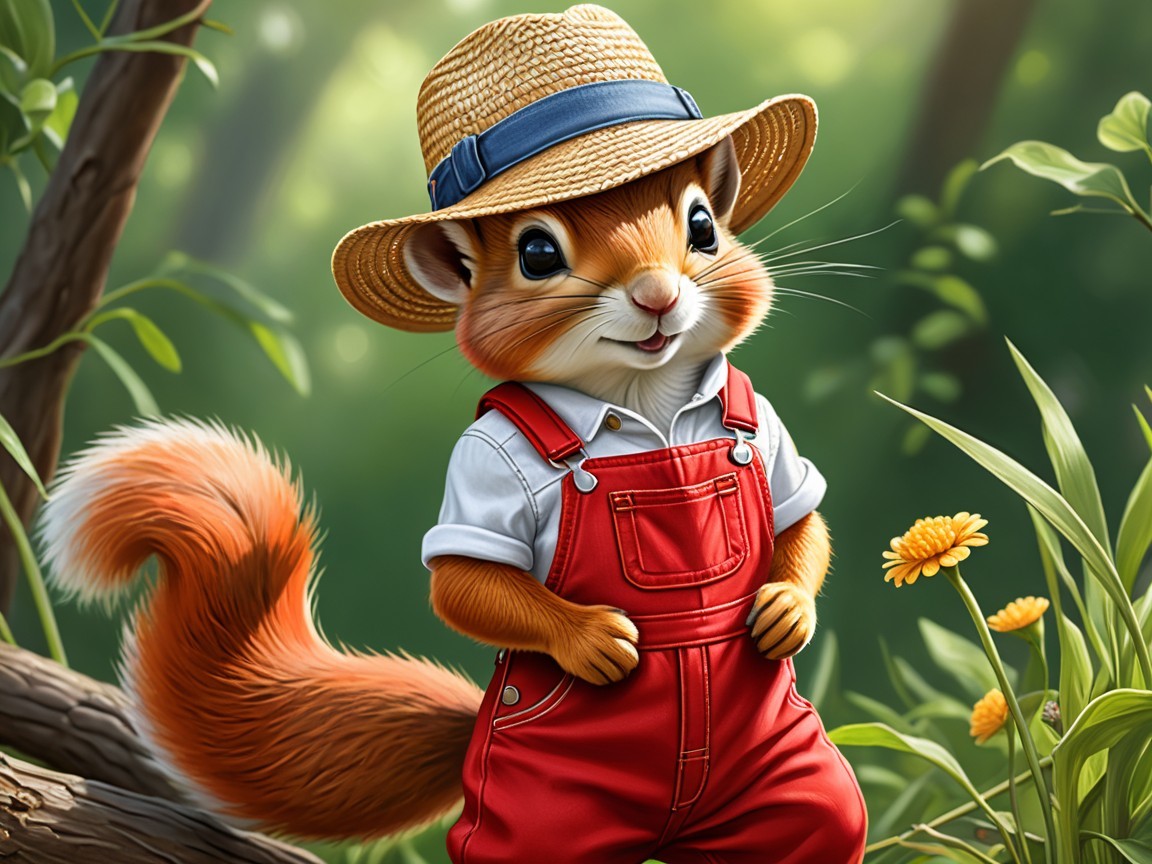 Cheerful cartoon squirrel in a vibrant nature setting