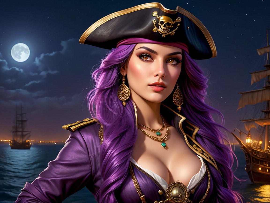 Female Pirate in Moonlit Sea with Vintage Ships