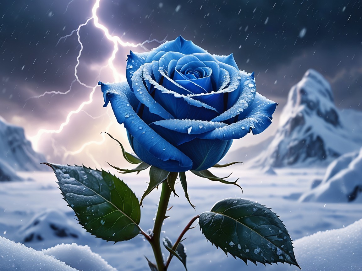 Blue Rose in Snowy Landscape with Dramatic Sky