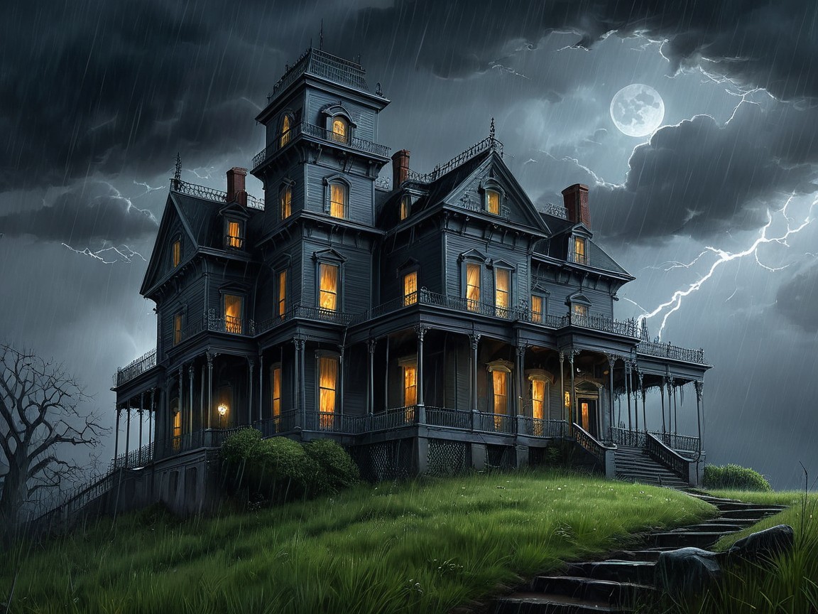 Victorian Mansion Under Stormy Night Sky with Lightning