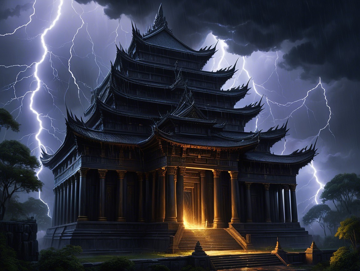 Dark Temple Surrounded by Stormy Sky and Trees