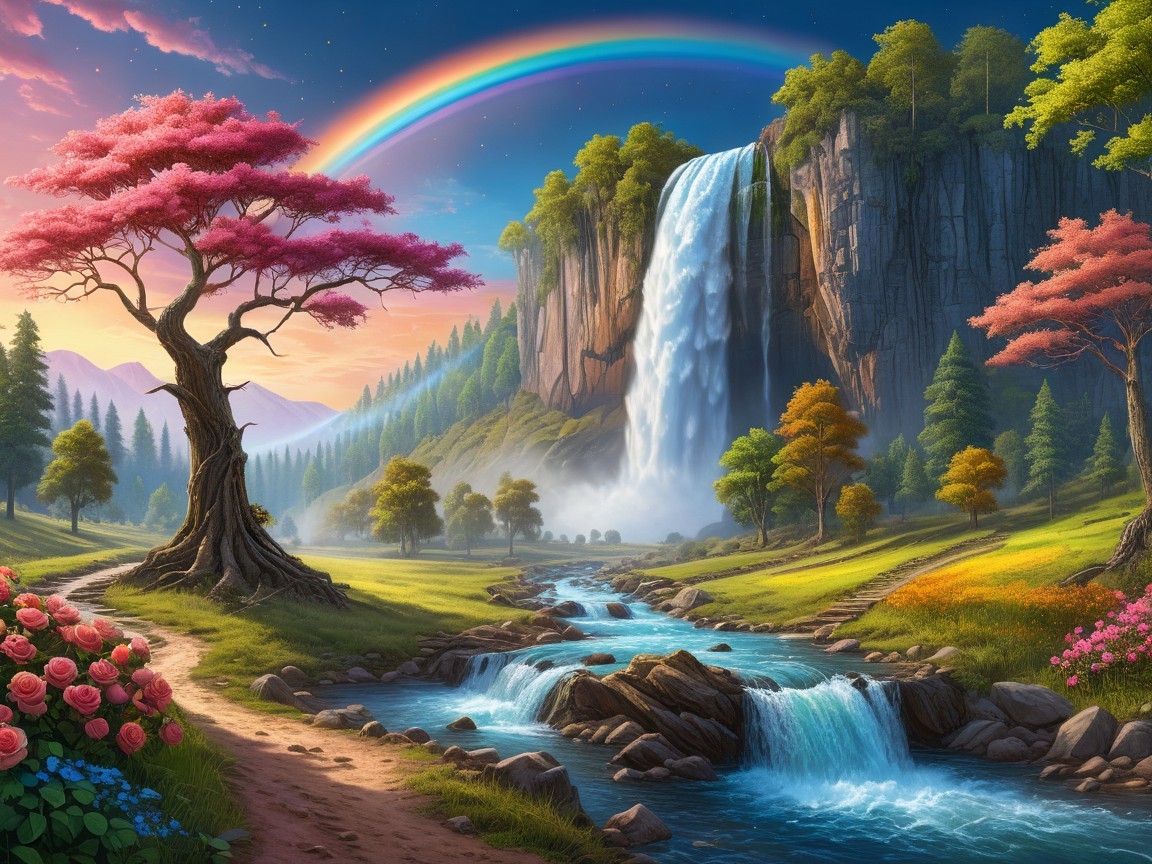 Serene Landscape with Rainbow and Waterfall Scene