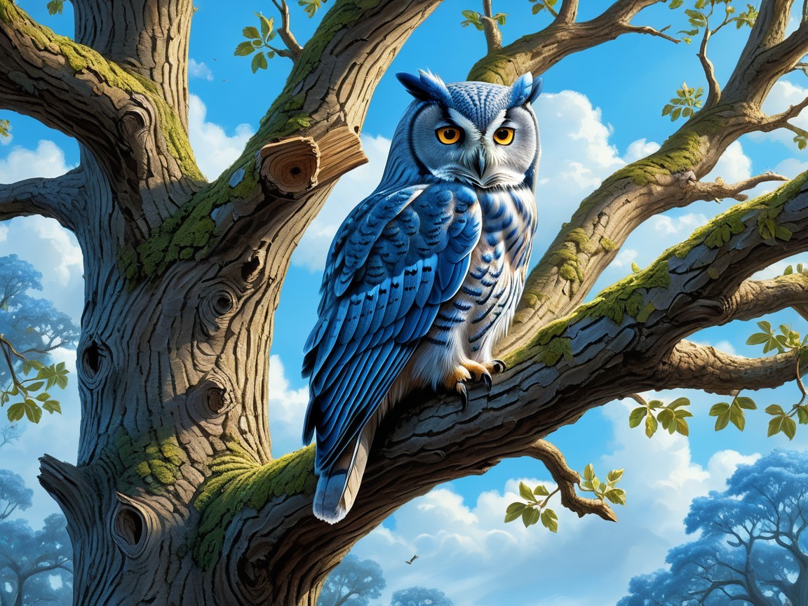 Blue Owl on Gnarled Tree Branch Against Blue Sky