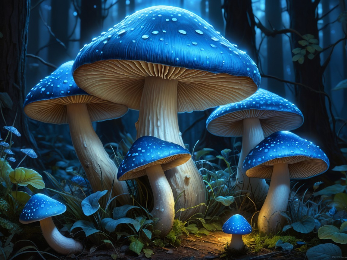 Vibrant Blue Mushrooms in a Mystical Forest Scene