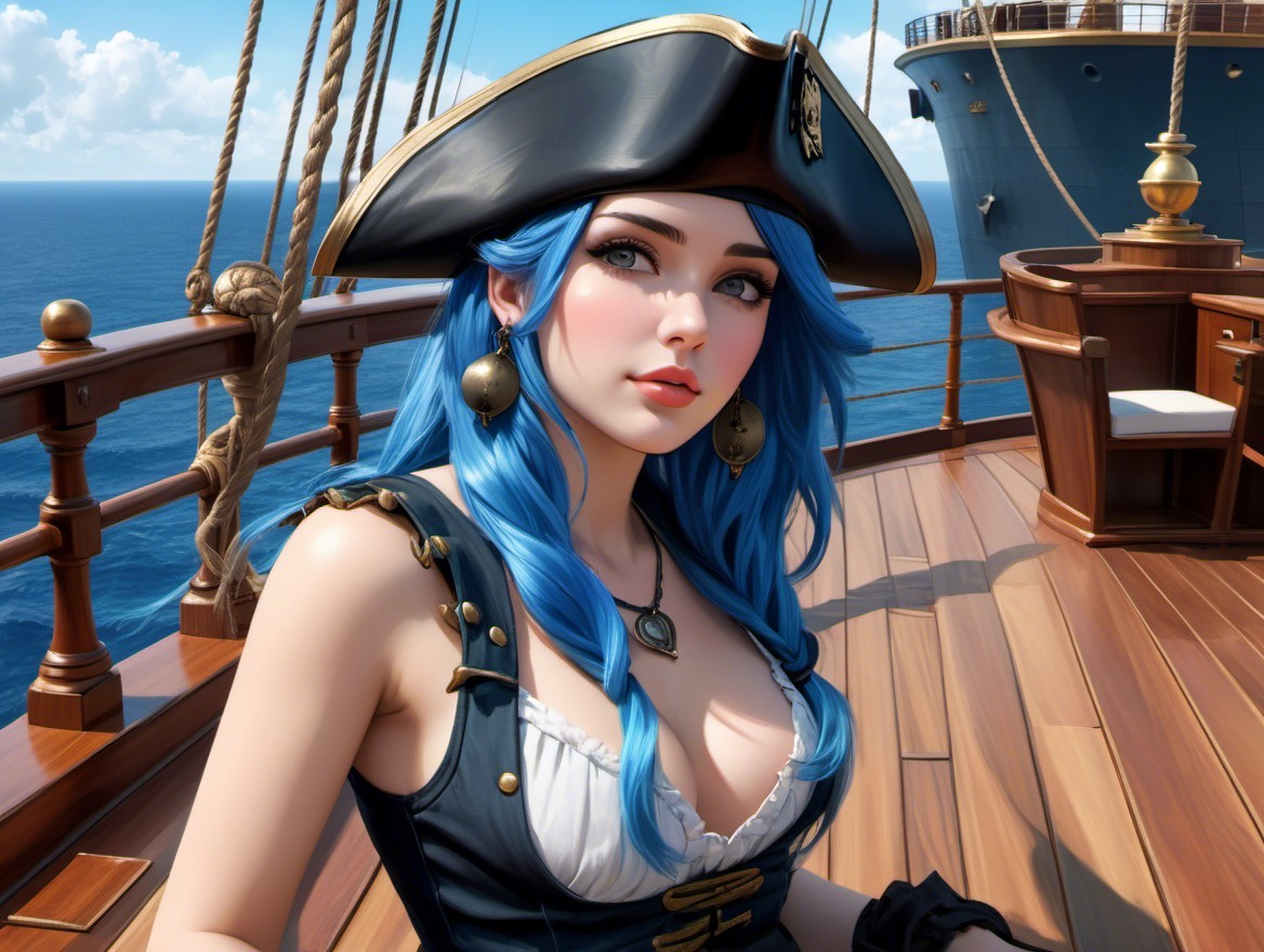 Pirate Woman with Blue Hair on Ship Deck