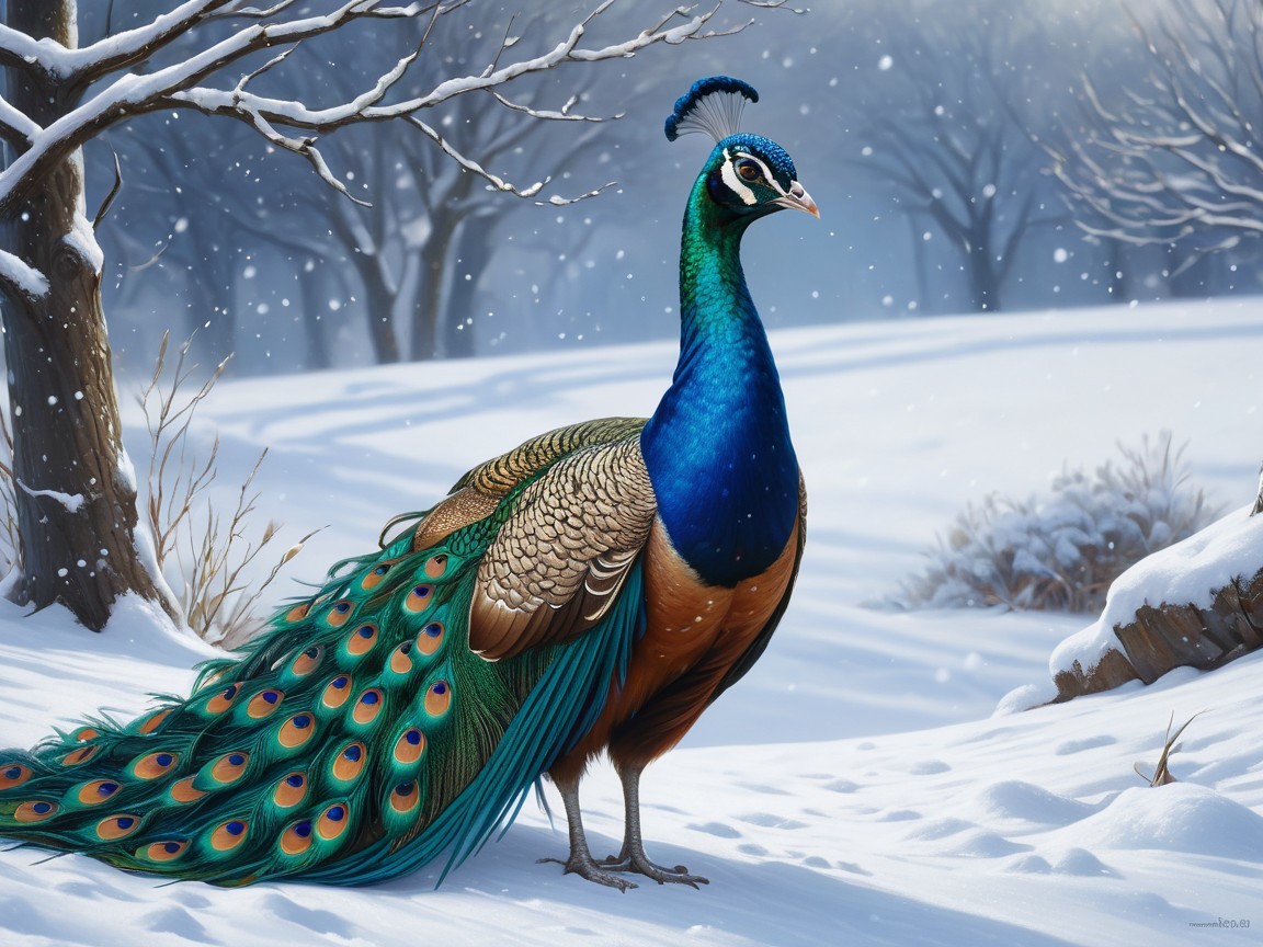 Peacock in Snowy Landscape with Vibrant Plumage