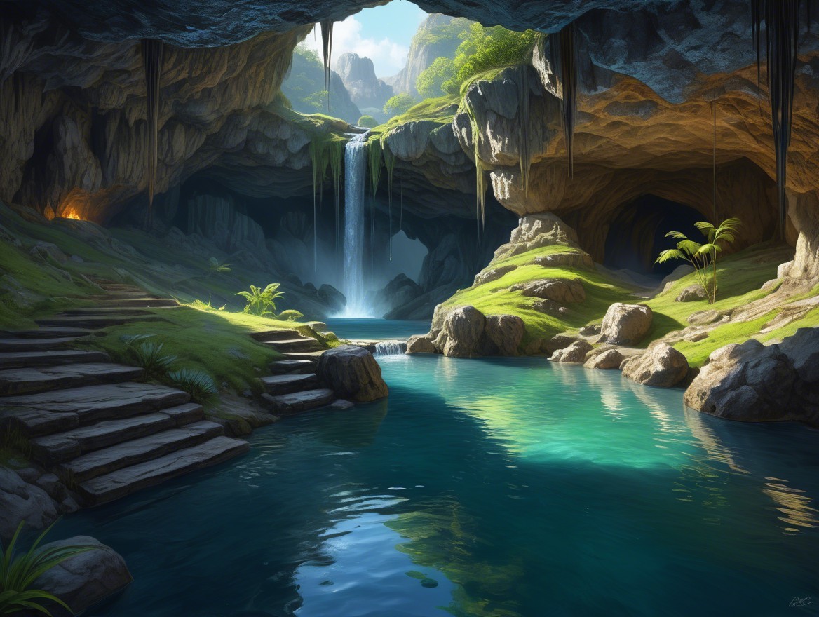 Picturesque Cave Landscape with Turquoise Pool and Waterfall