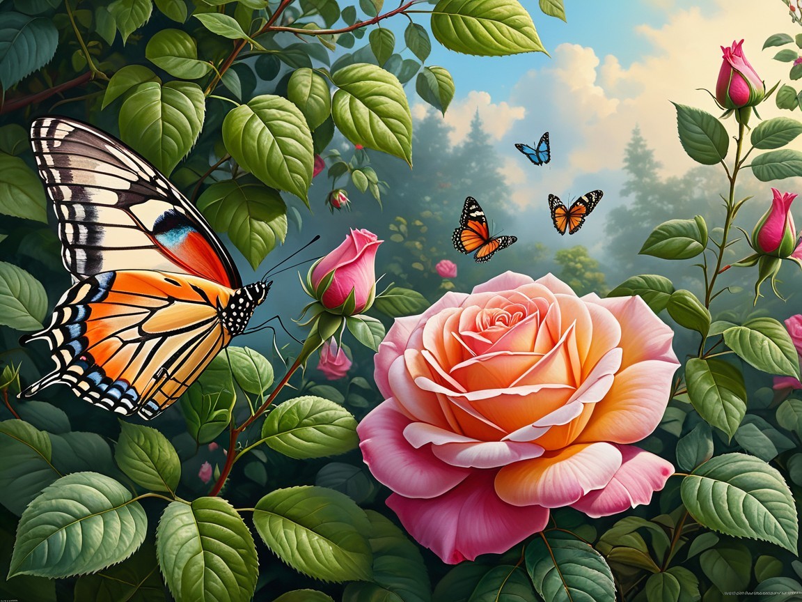 Blooming pink rose with butterflies in a lush garden