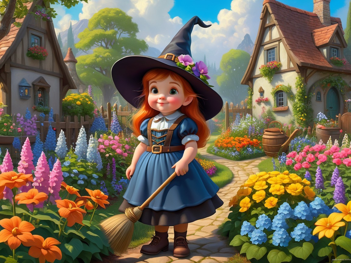Cheerful girl in witch hat in a colorful garden
