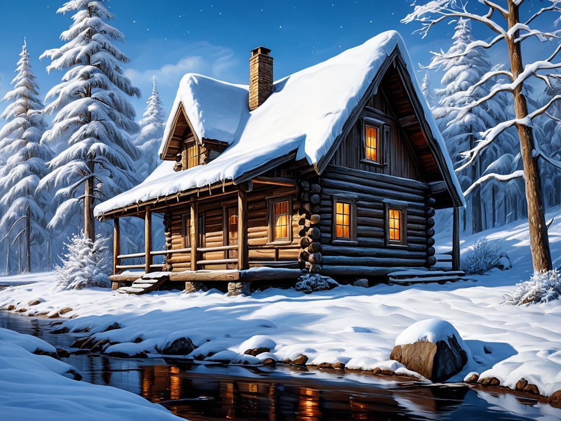 Log Cabin in Snowy Landscape with Glowing Lights