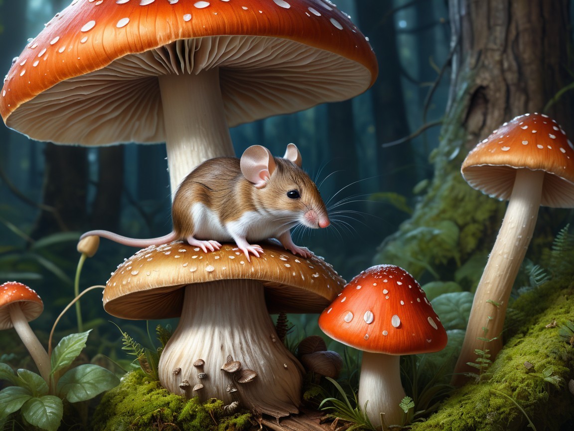 Mouse on Red and White Spotted Mushroom in Forest