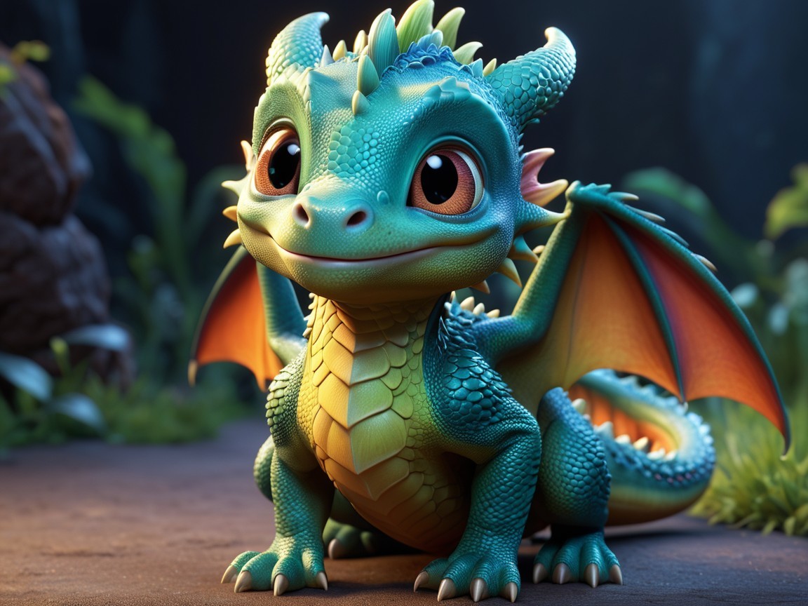Cartoonish dragon with turquoise scales in forest setting