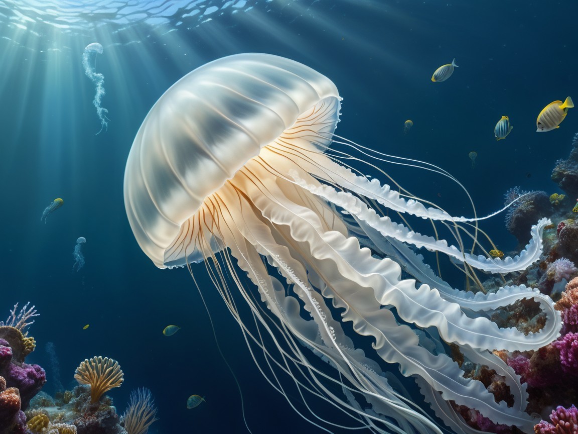 Jellyfish in Clear Waters with Colorful Coral Reefs